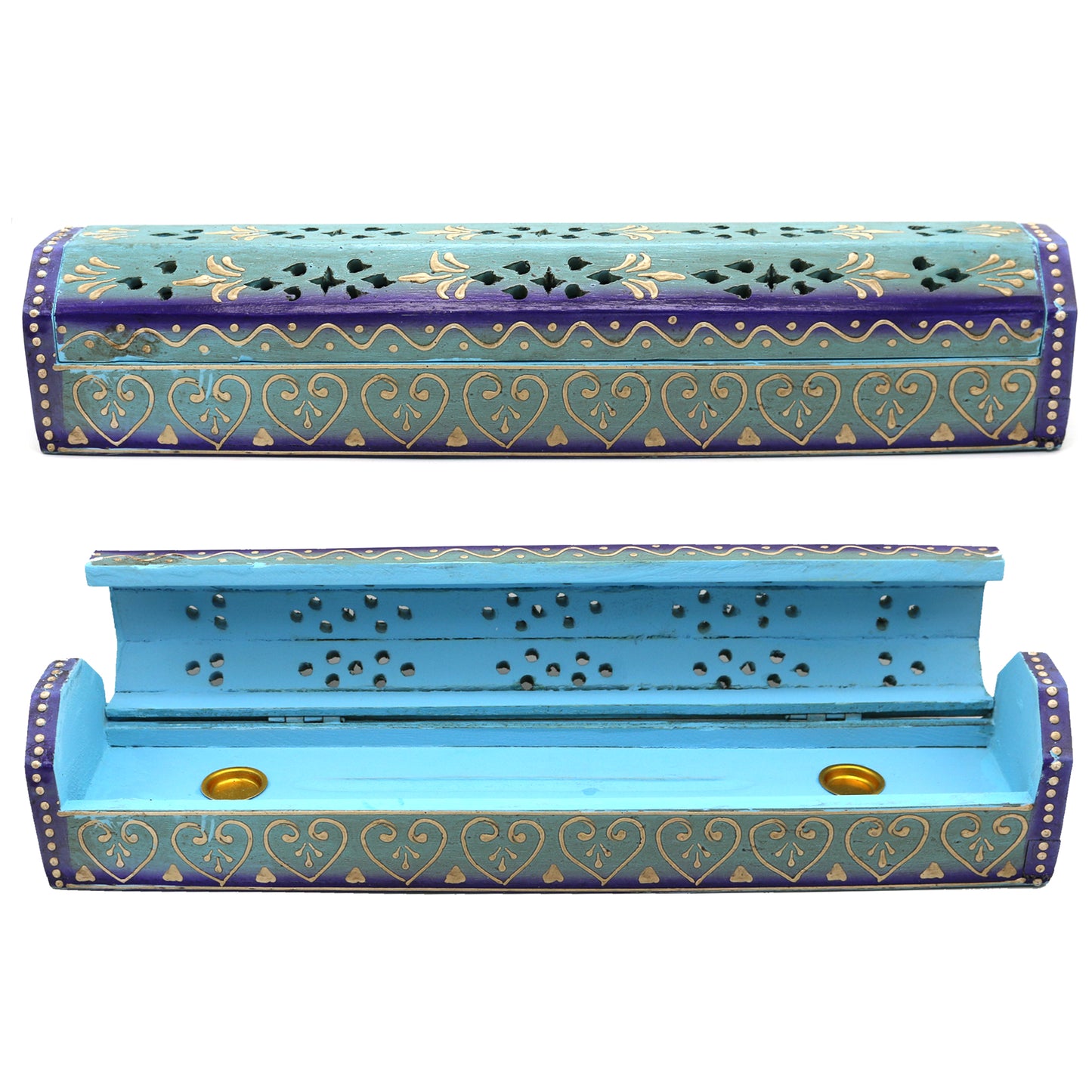 12" Blue Hand-Painted Wood Incense Coffin Box