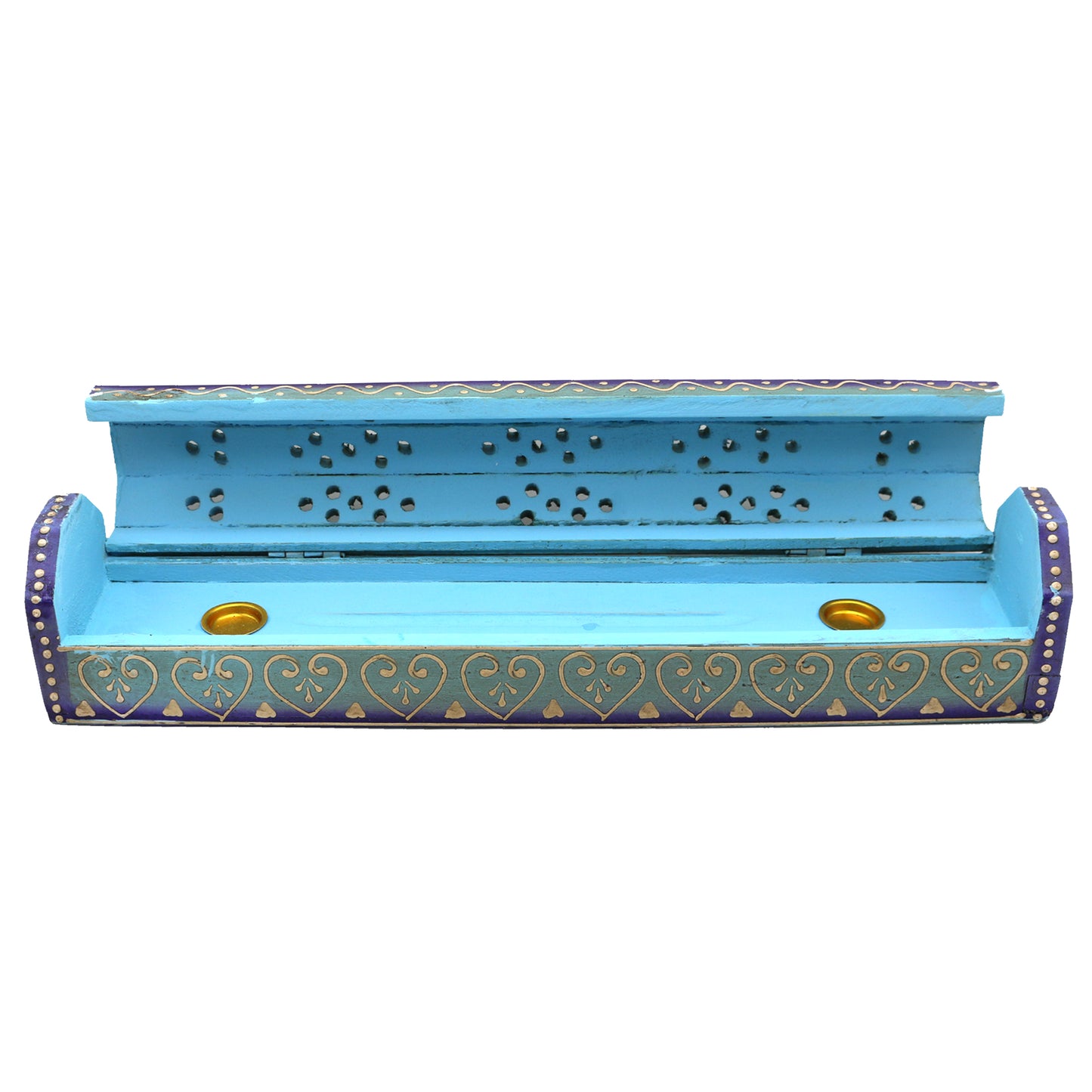 12" Blue Hand-Painted Wood Incense Coffin Box