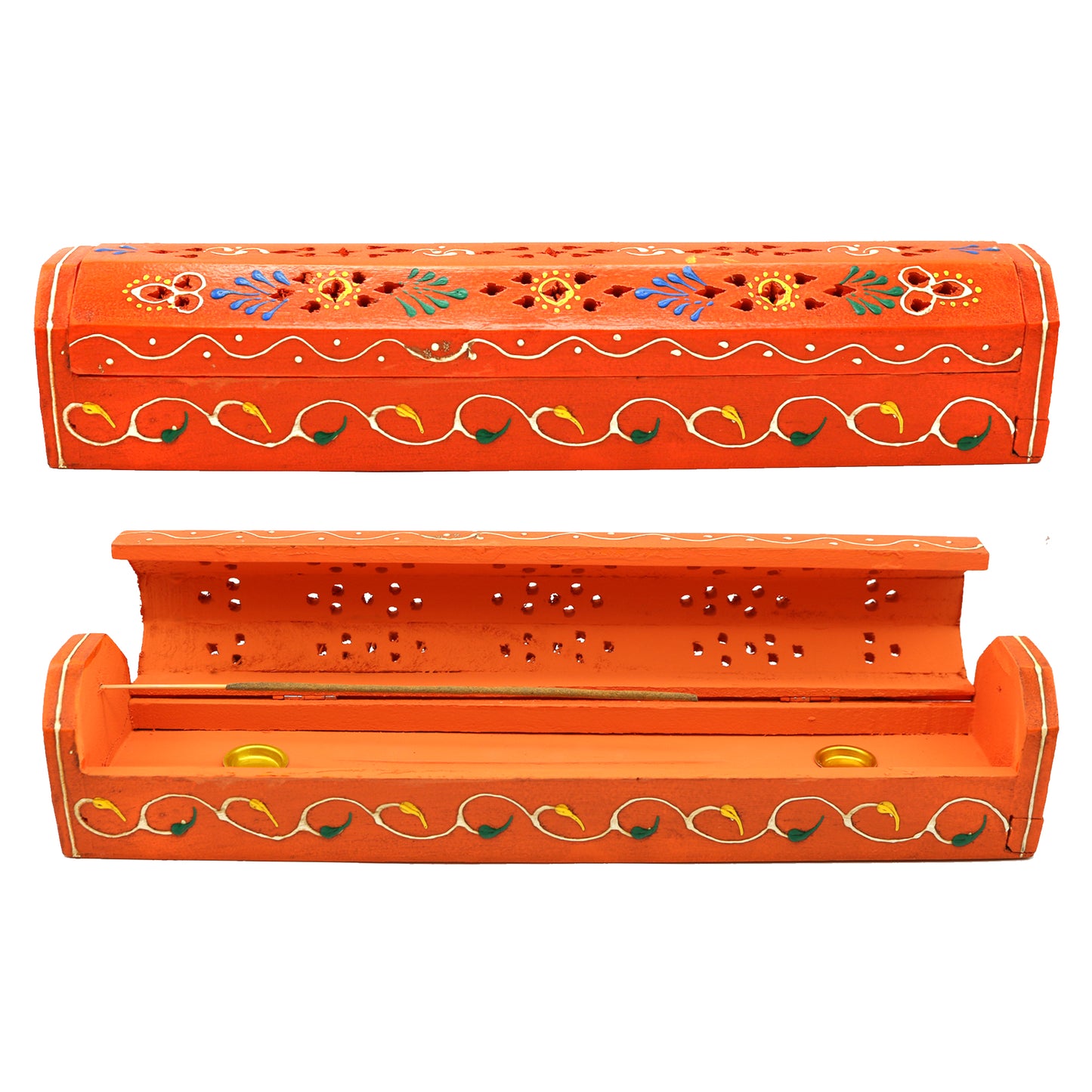 12" Orange Hand-Painted Wood Incense Coffin Box