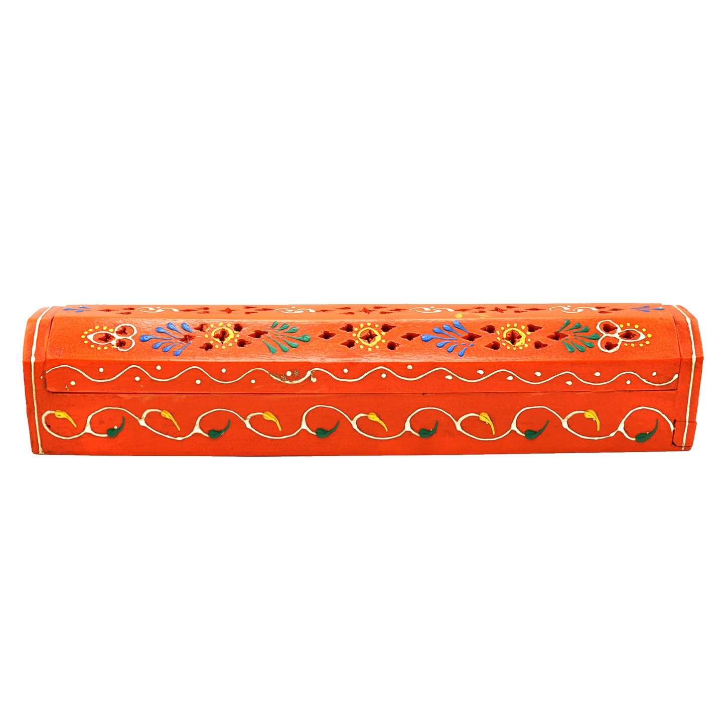 12" Orange Hand-Painted Wood Incense Coffin Box