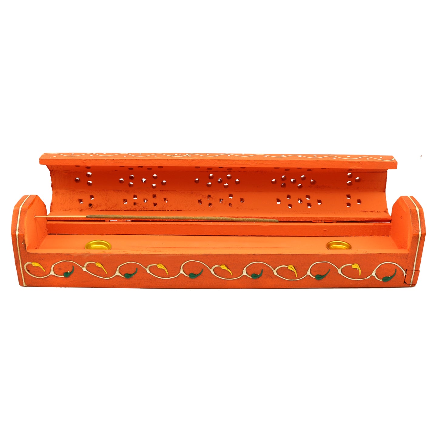 12" Orange Hand-Painted Wood Incense Coffin Box