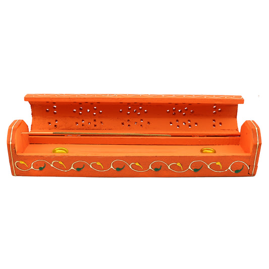 Wooden incense holder box with storage compartment for spiritual and aromatic use