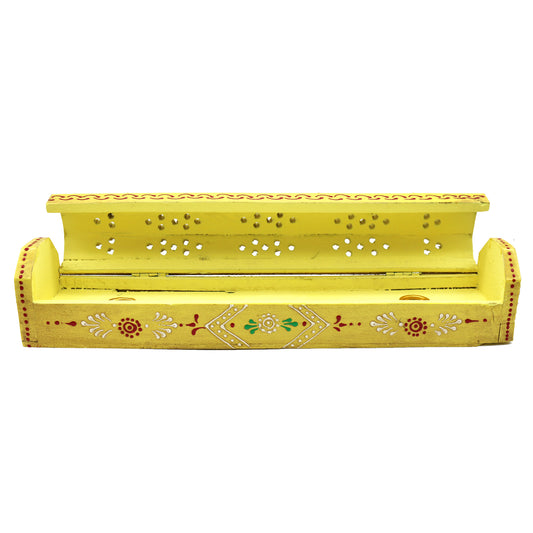 Wooden incense holder box with storage compartment for spiritual and aromatic use