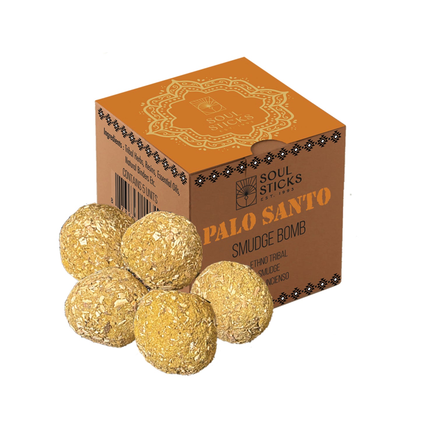 A pack of five Palo Santo smudge bombs with a burner, placed in front of their packaging box. The smudge bombs are gold-colored and glittery, and the box has a decorative floral pattern at the top.