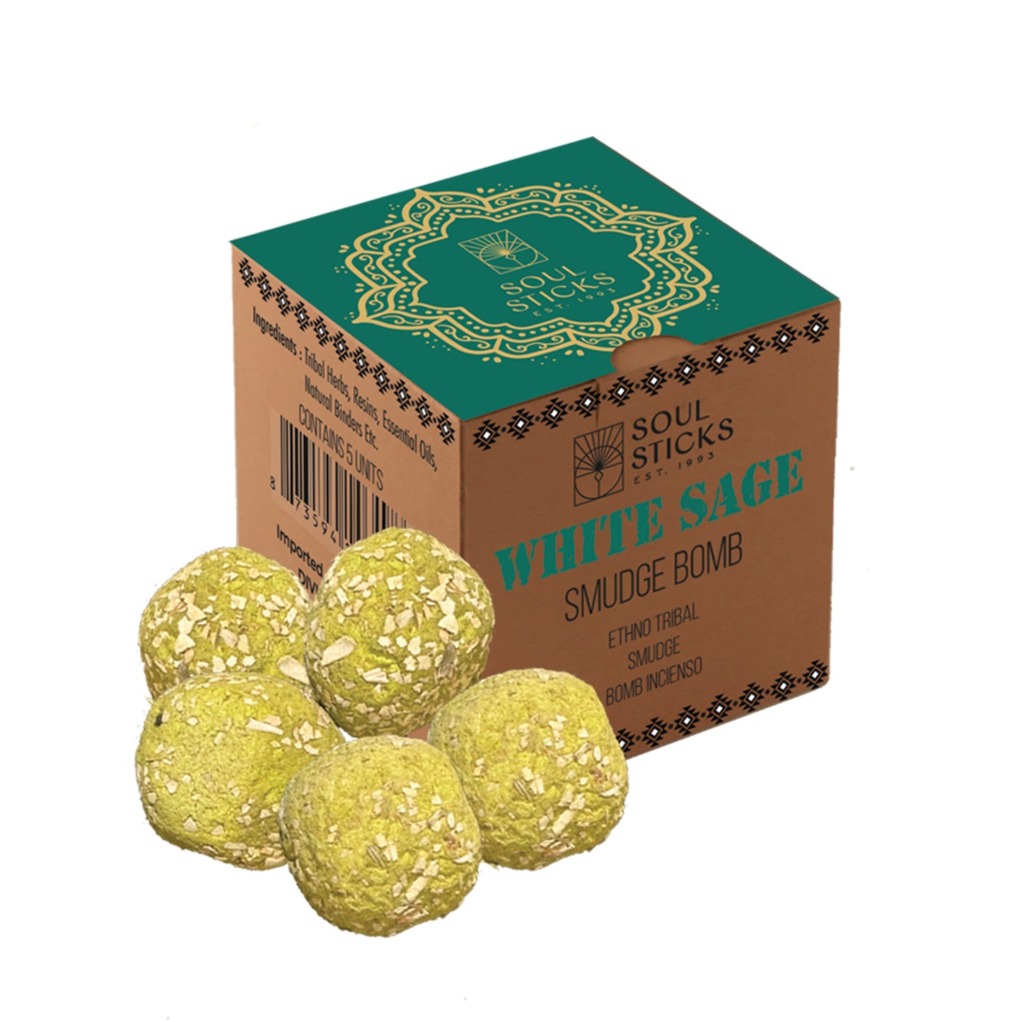 A pack of White Sage Smudge Bombs with a burner. The product is presented in a cardboard box with a green and gold design on the lid, and the bombs themselves are covered in a sparkly, yellow substance.