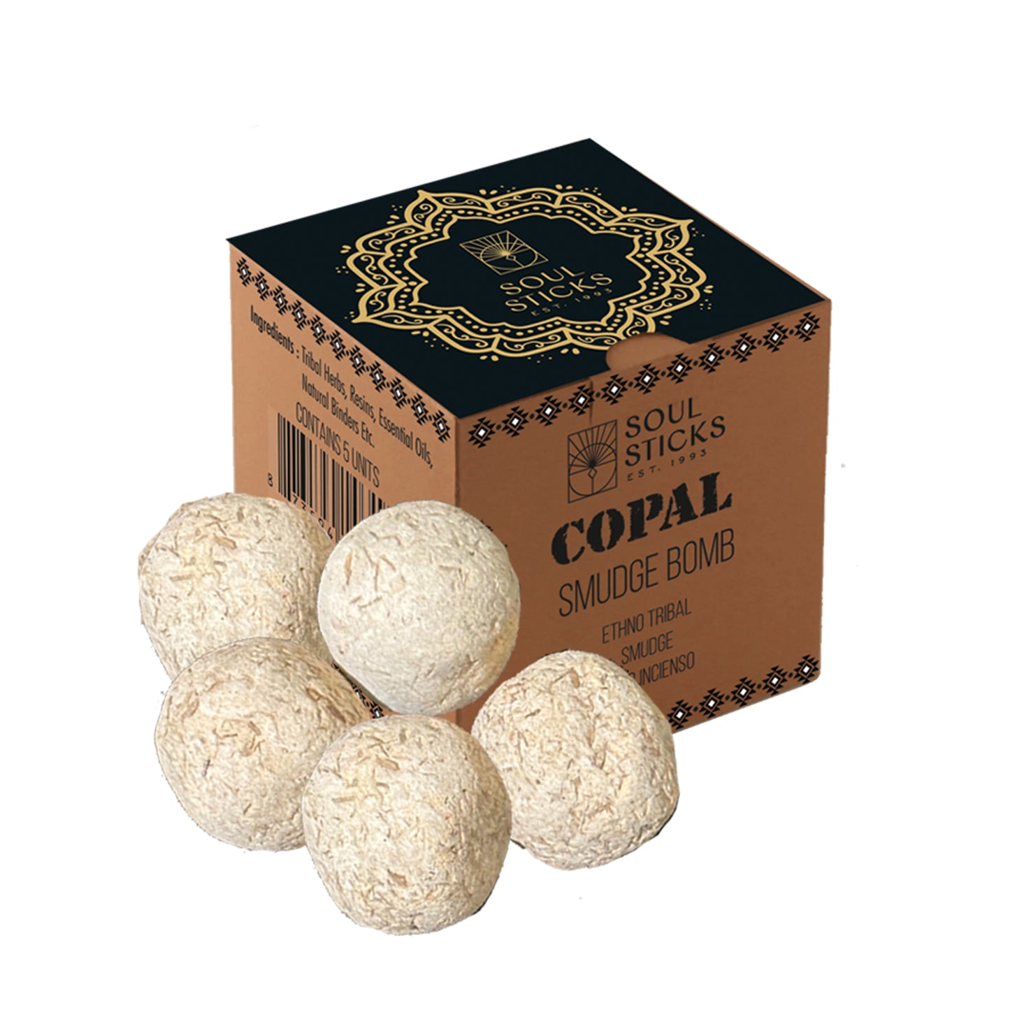 A pack of five Copal smudge bombs with burner, displayed in front of their packaging. The bombs are spherical and beige, and the packaging is black with gold and white text and designs.
