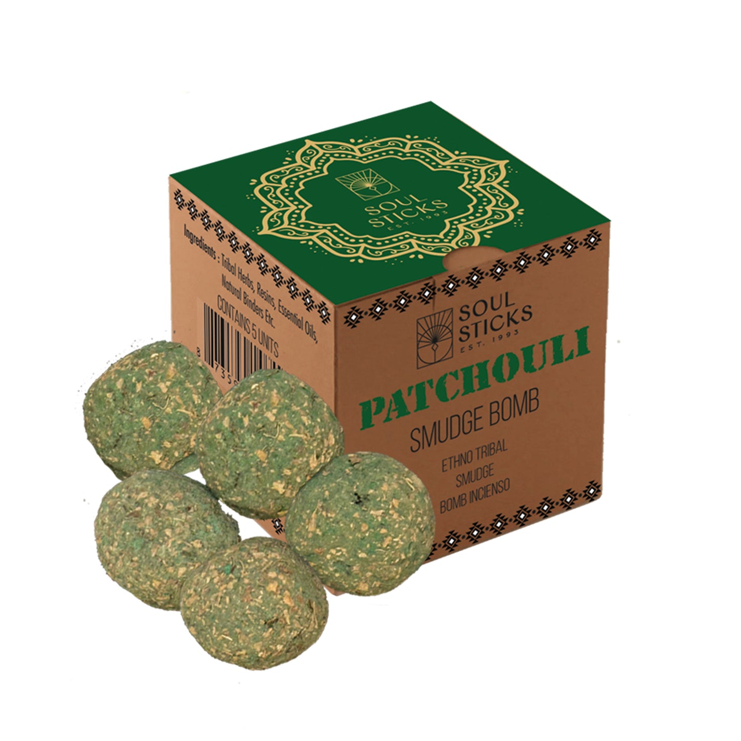 A pack of Patchouli Smudge Bombs with Burner, designed for cleansing and aromatherapy.