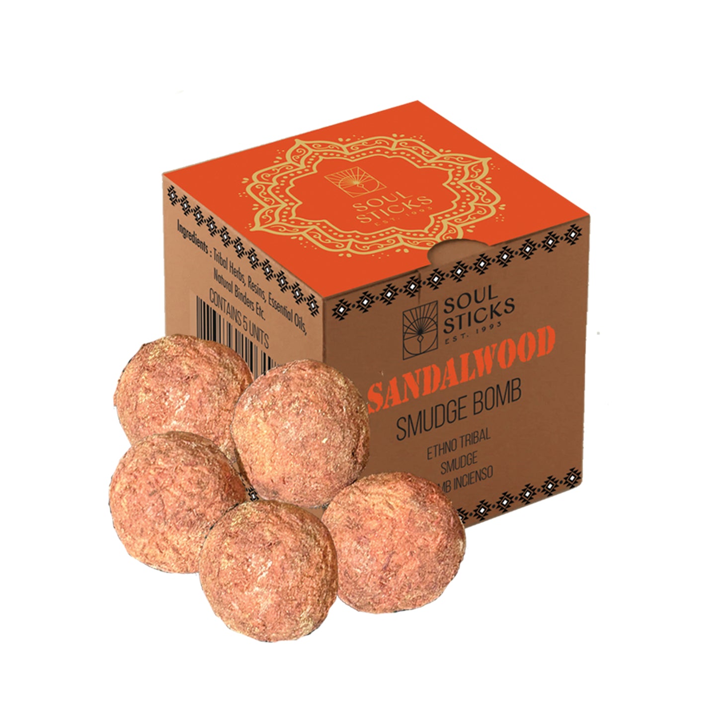 A pack of Sandalwood Smudge Bombs with Burner. The image shows five spherical smudge bombs outside a cardboard box with 'SANDALWOOD' written on it.