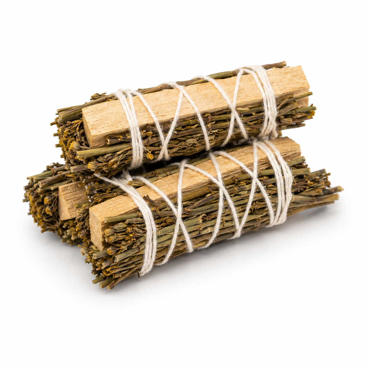 Rue smudge stick with palo santo on white background