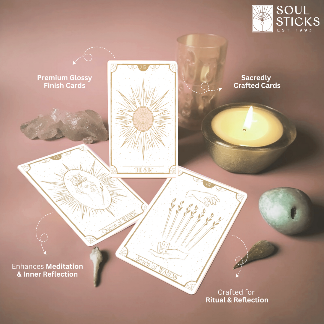 Set of spiritual cards with mystical artwork and messages.