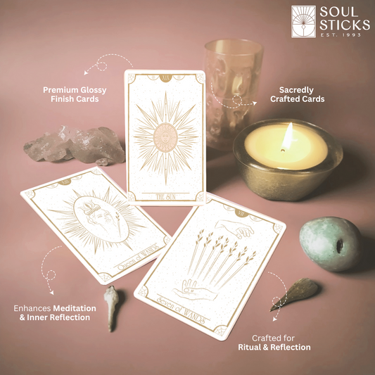 Set of spiritual cards with mystical artwork and messages.
