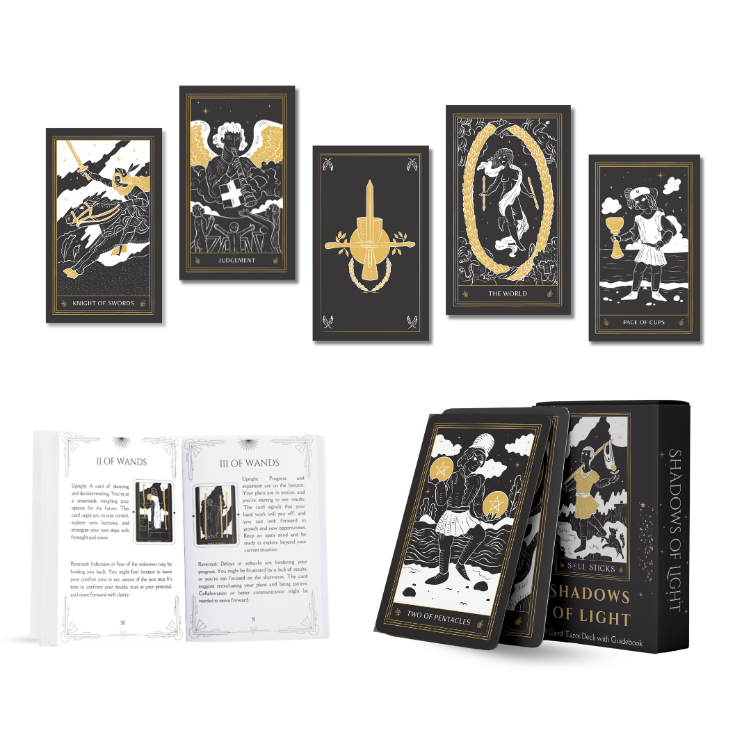 Set of spiritual cards with mystical artwork and messages.