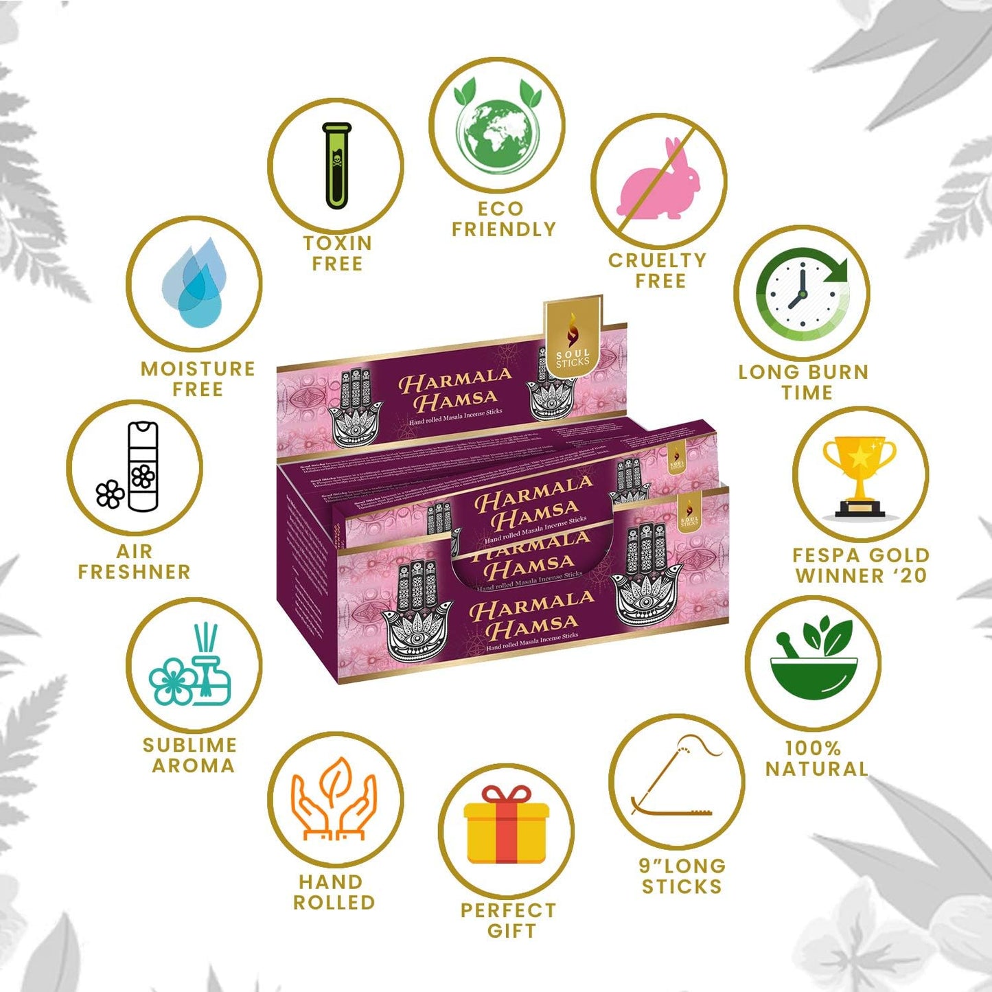 Soul Sticks, 15 G Harmala Hamsa Natural Masala Incense Sticks (12 PK BOX)