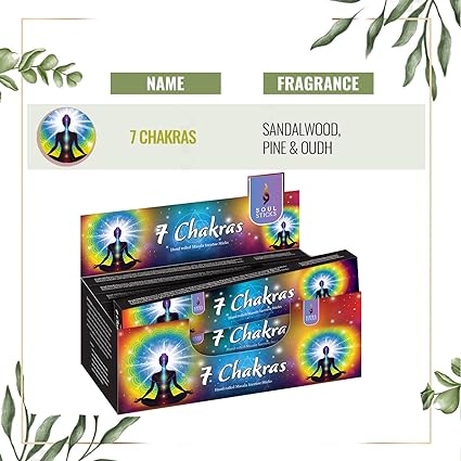 Soul Sticks, 15 G Seven Chakras Natural Masala Incense Sticks (12 PK BOX)