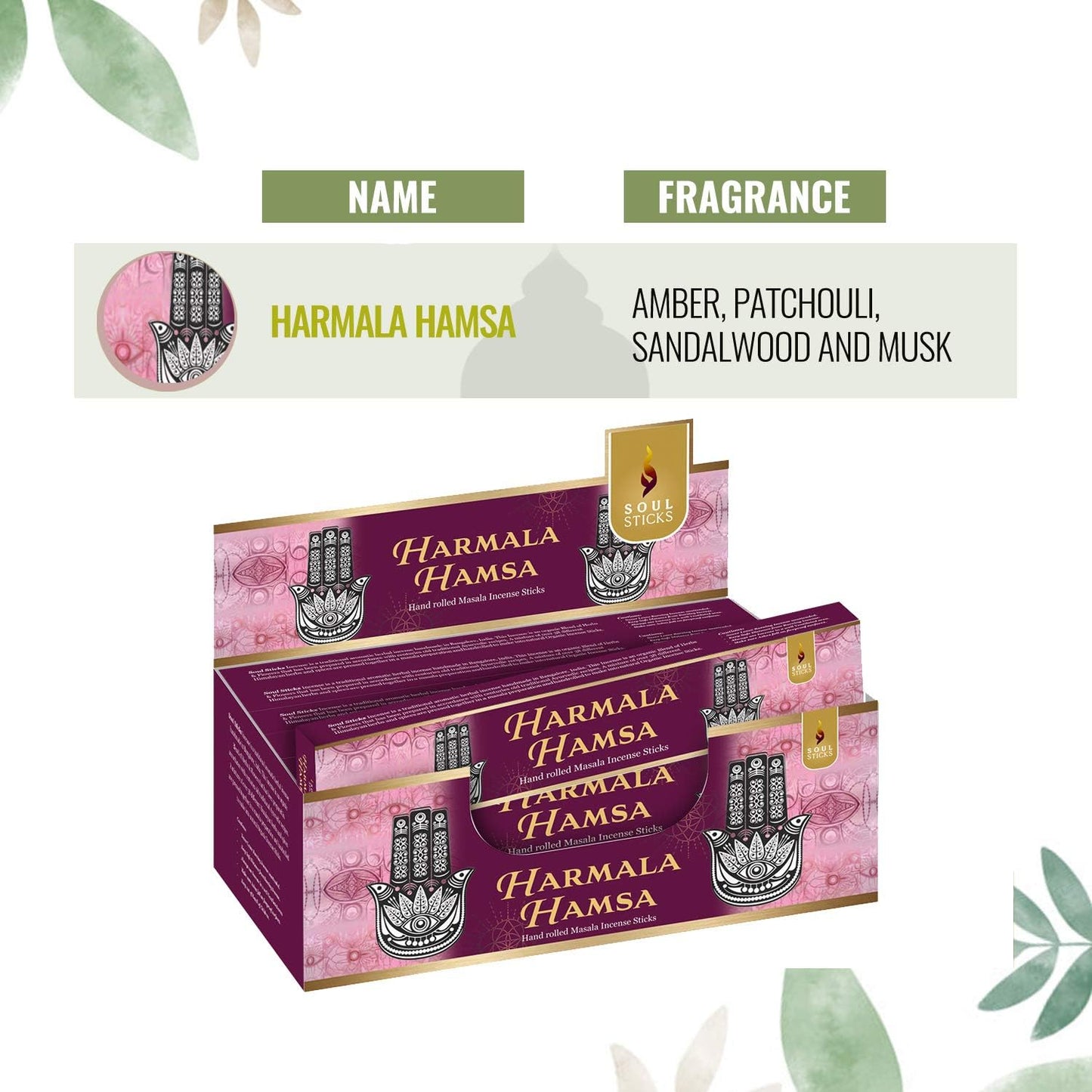 Soul Sticks, 15 G Harmala Hamsa Natural Masala Incense Sticks (12 PK BOX)