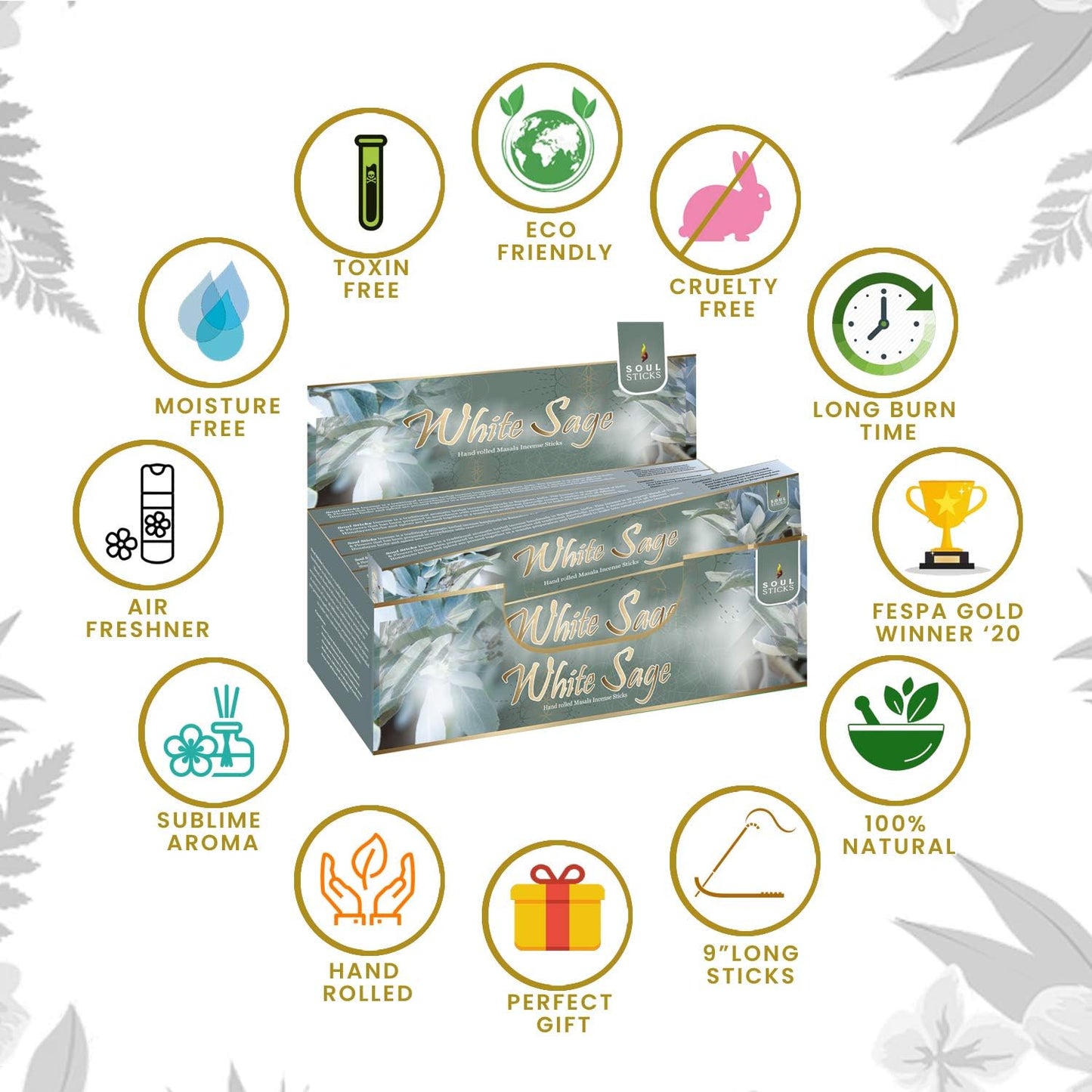 Soul Sticks, 15 G White Sage Natural Masala Incense Sticks (12 PK BOX)