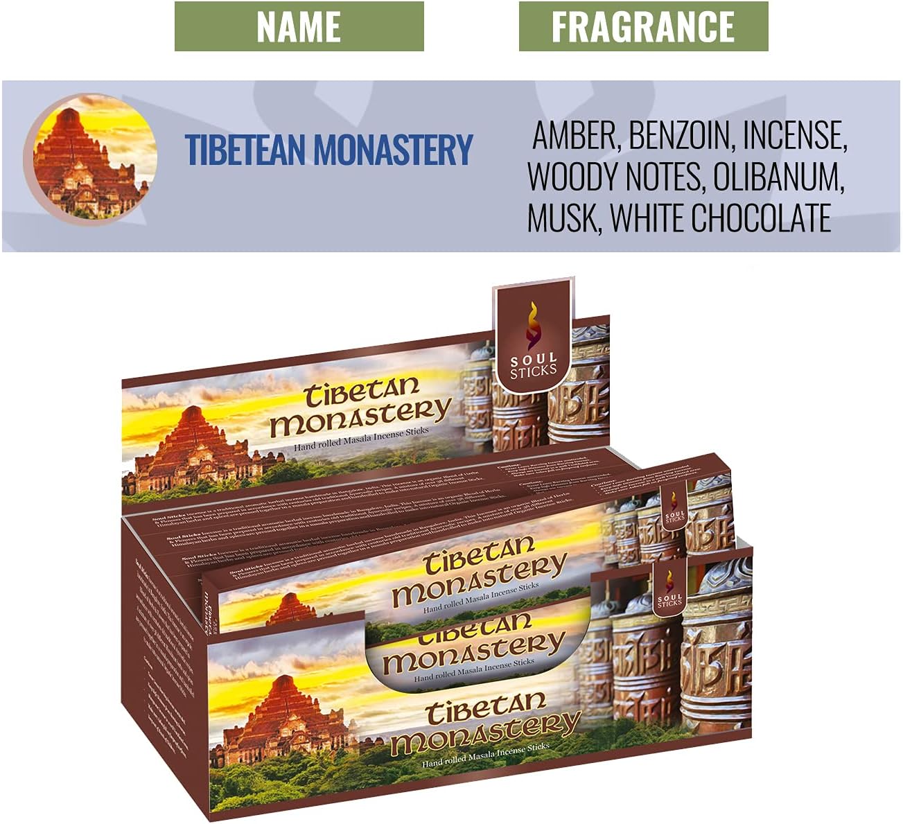 Soul Sticks, 15 G Tibetan Monastery Natural Masala Incense Sticks (12 PK BOX)