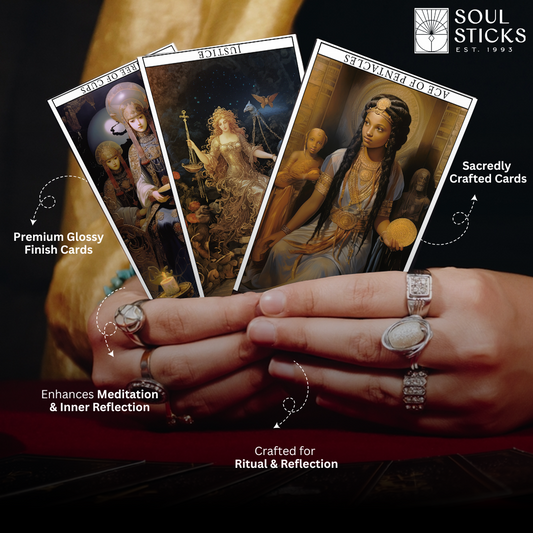 Set of spiritual cards with mystical artwork and messages.