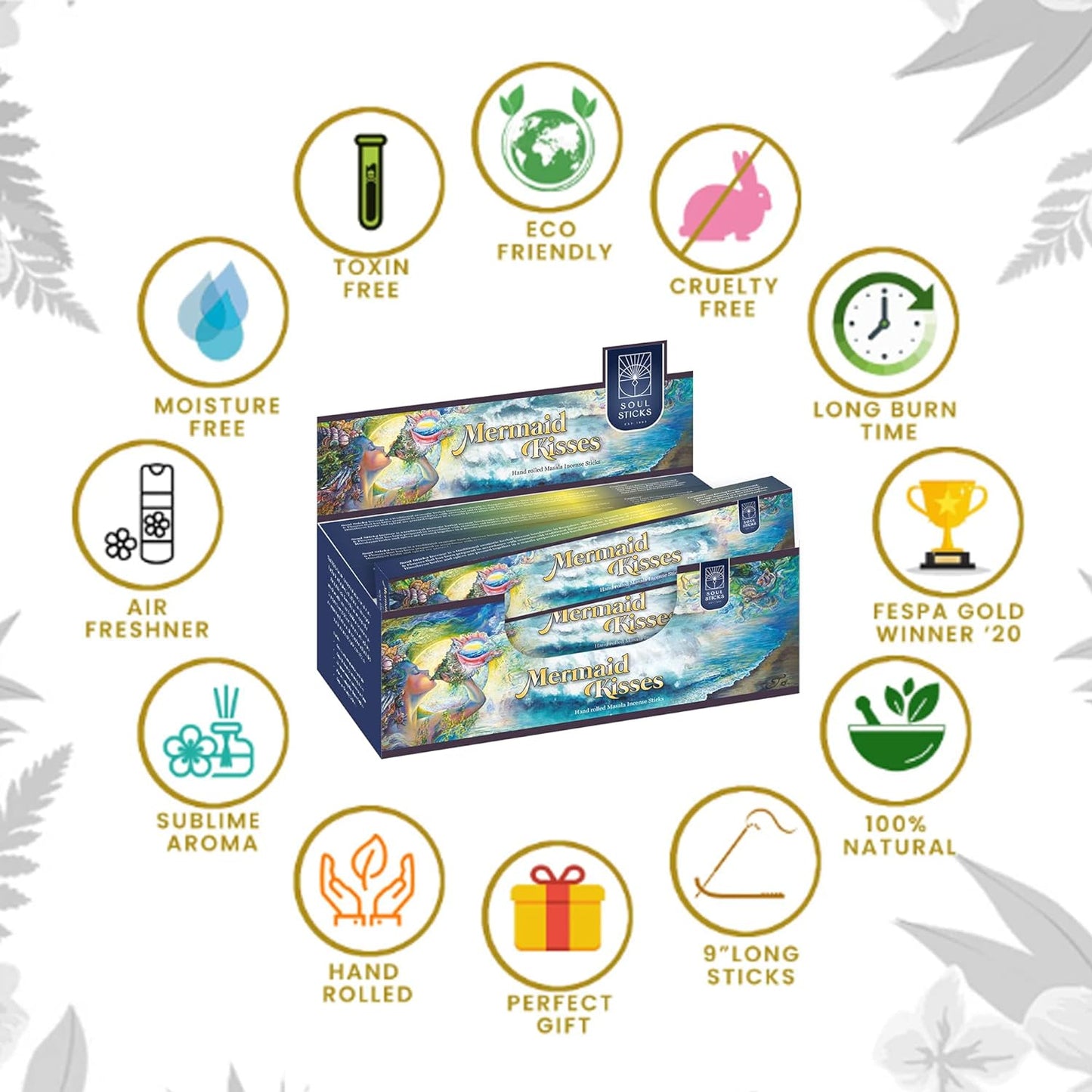 Soul Sticks, 15 G Mermaid Kisses Natural Masala Incense Sticks (12 PK BOX)