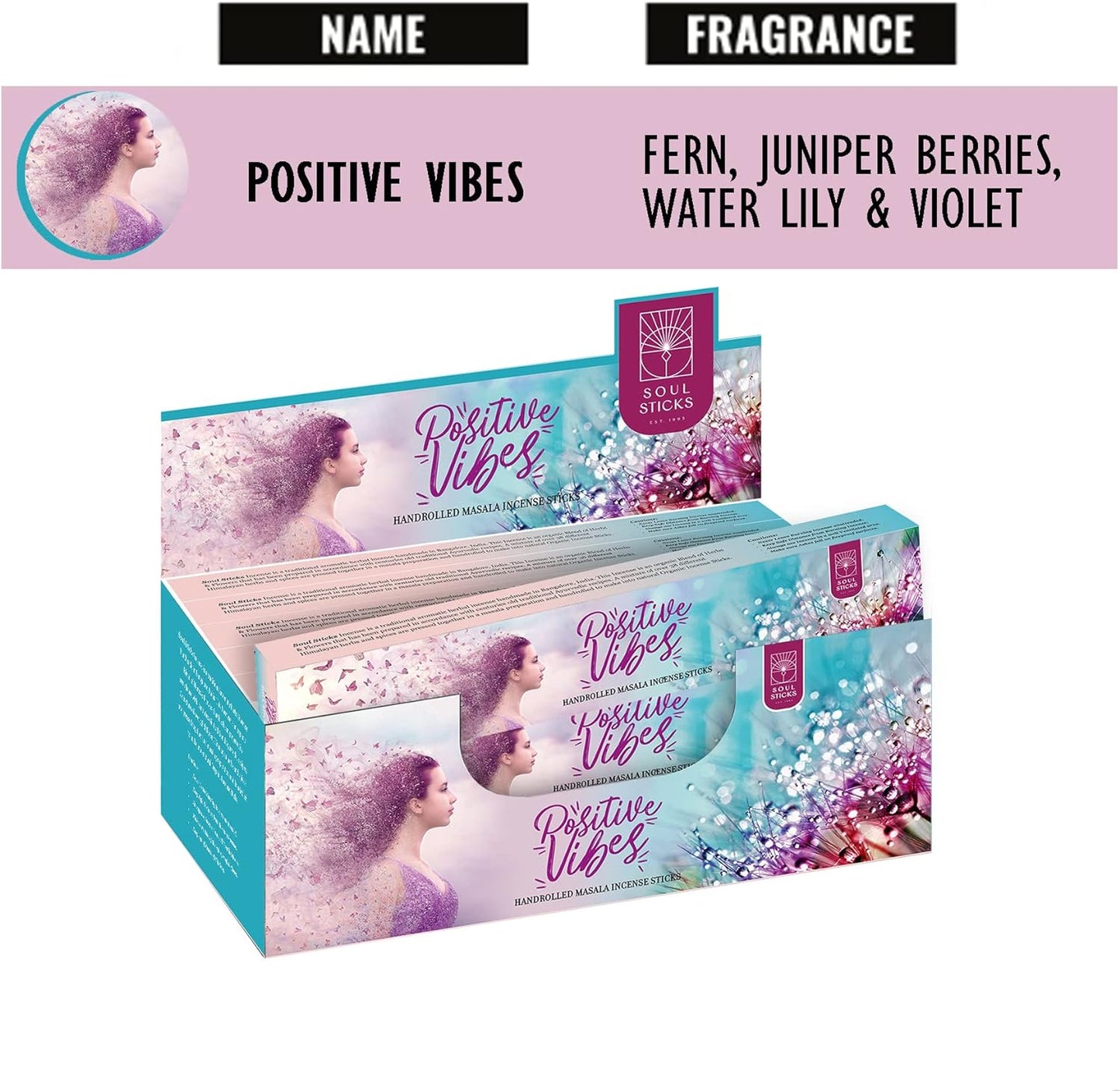 Soul Sticks, 15 G Positive Vibes Natural Masala Incense Sticks (12 PK BOX)