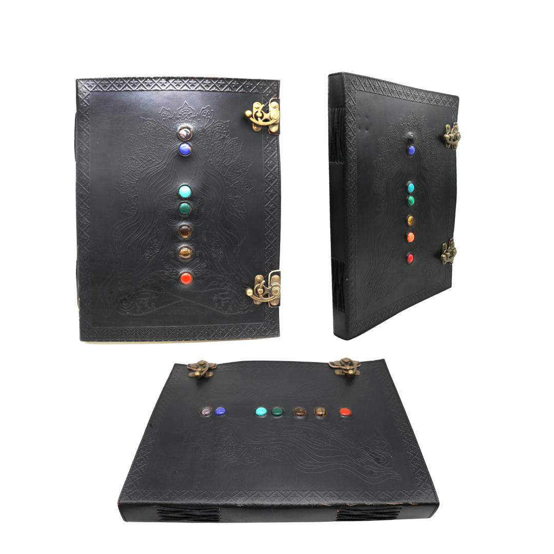 Black 7 Chakras Goddess Embossed Blank Leather Journal 10" x 13"