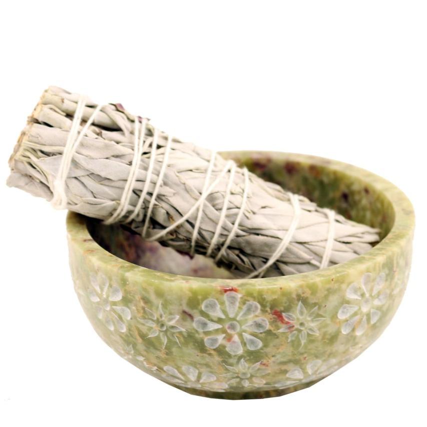 Floral Hand-Carved Soapstone Smudge Bowl