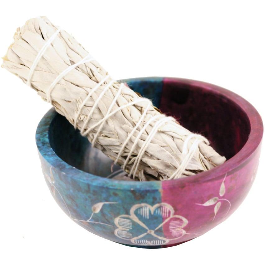 Turquoise & Purple Moon Hand-Carved Soapstone Smudge Bowl