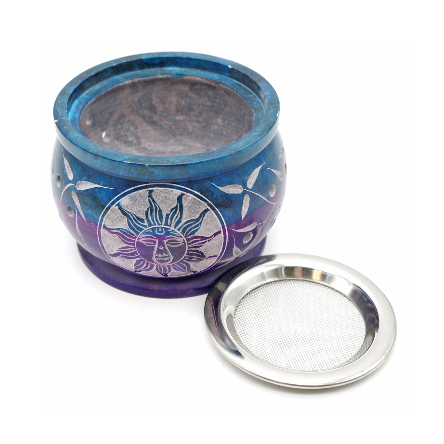 Turquoise Purple Sun Hand-Carved Soapstone Charcoal Burner