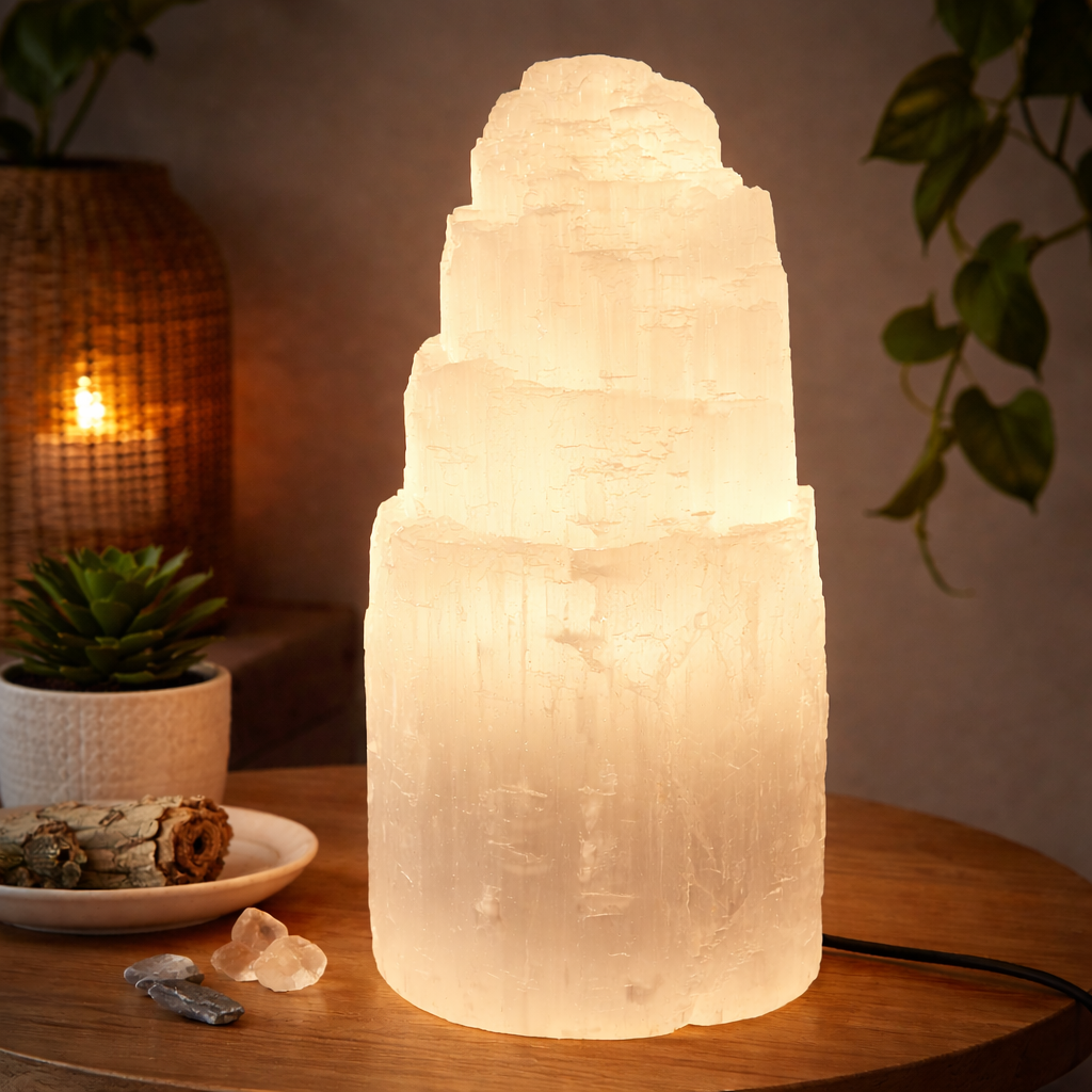 Selenite Lamp with Cord & Bulb switched on and glowing on a tabletop
