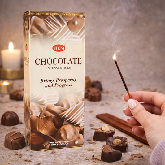 HEM Chocolate incense sticks box with chocolates and a hand holding a burning incense stick