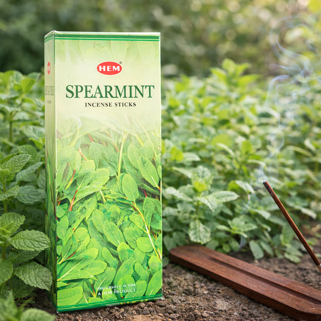 Close-up of HEM Spearmint incense sticks and packaging