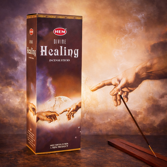 HEM Divine Healing incense sticks box with burning incense and artwork of reaching hands