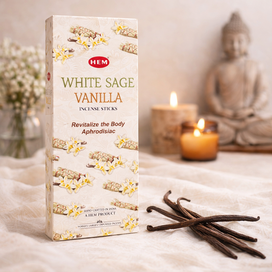 HEM White Sage Vanilla incense sticks box with vanilla beans and candles near Buddha decor