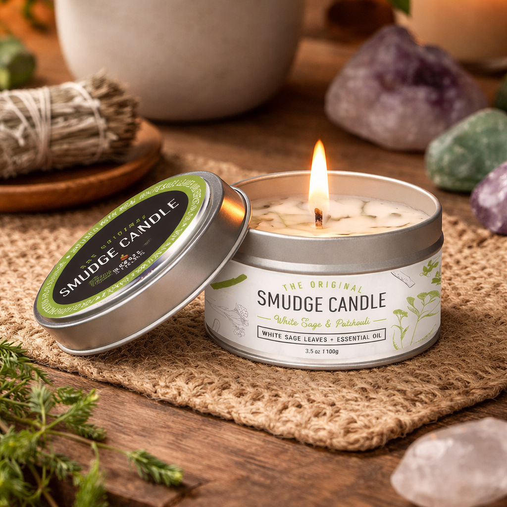 Smudge candle in a tin with a lit candle, surrounded by plants and crystals on a wooden surface.