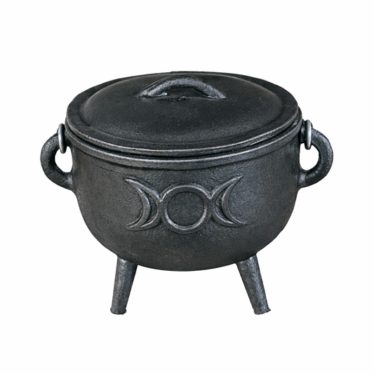 Angled view of the cast iron cauldron with lid & carry handle for rituals on a plain background