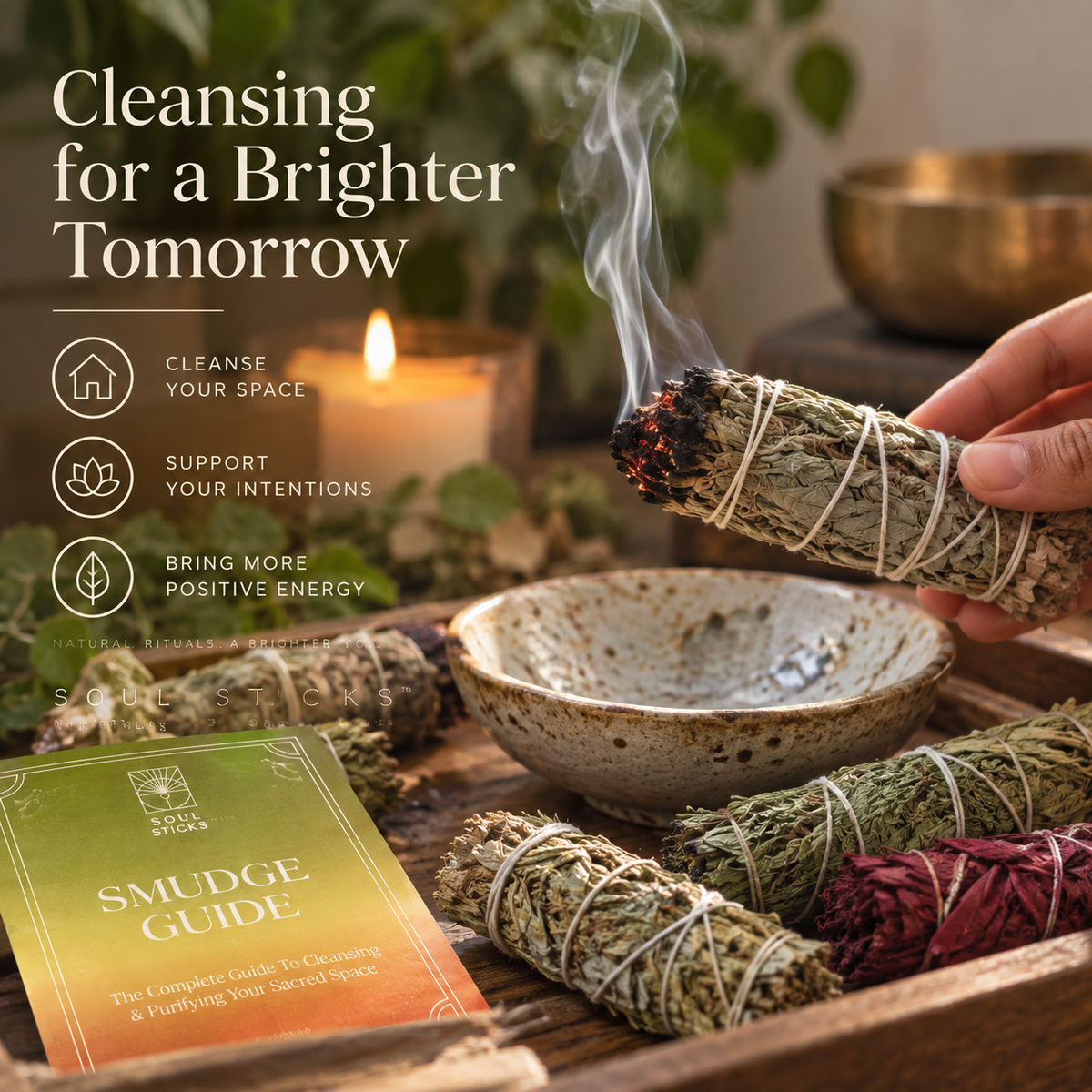 Sage & Herbal Smudge Bundle – 6 Botanical Cleansing Sticks + Smudge Guide
