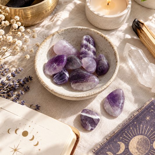 A styled flat-lay featuring polished purple amethyst tumbled stones in a speckled beige ceramic bowl, surrounded by a brass singing bowl, a lit candle, dried flowers, crystals, and a moon-themed notebook.