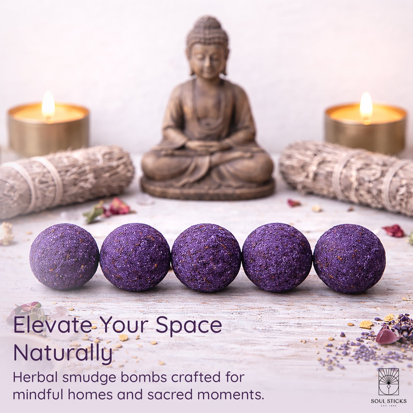 Lavender smudge bombs styled with candles and ritual decor