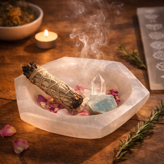 Selenite Hexagonal Plate styled with smudging or ritual items inside