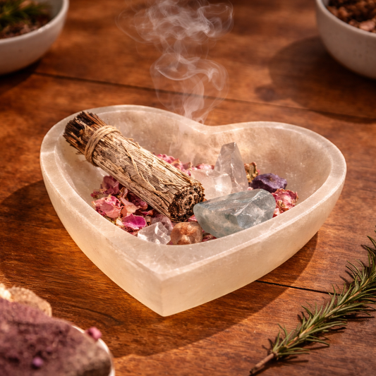 Heart Selenite Smudge Bowl styled with smudging or ritual items inside