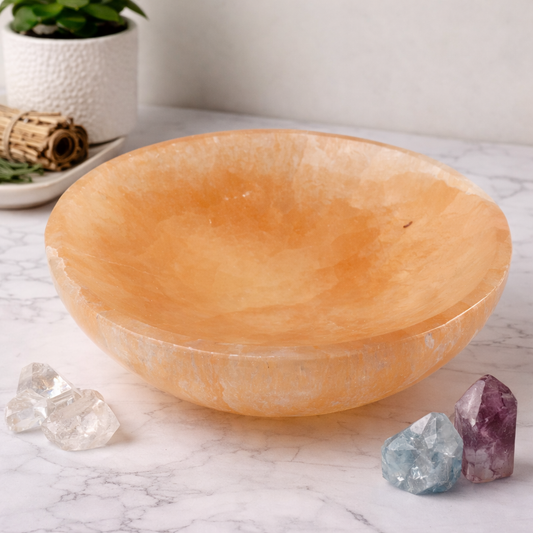 Orange Selenite Smudge Bowl styled with smudging or ritual items inside