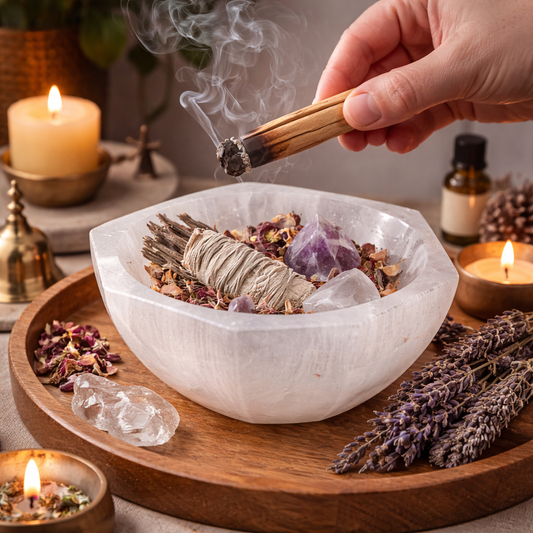 Selenite Hexagonal Bowl styled with smudging or ritual items inside