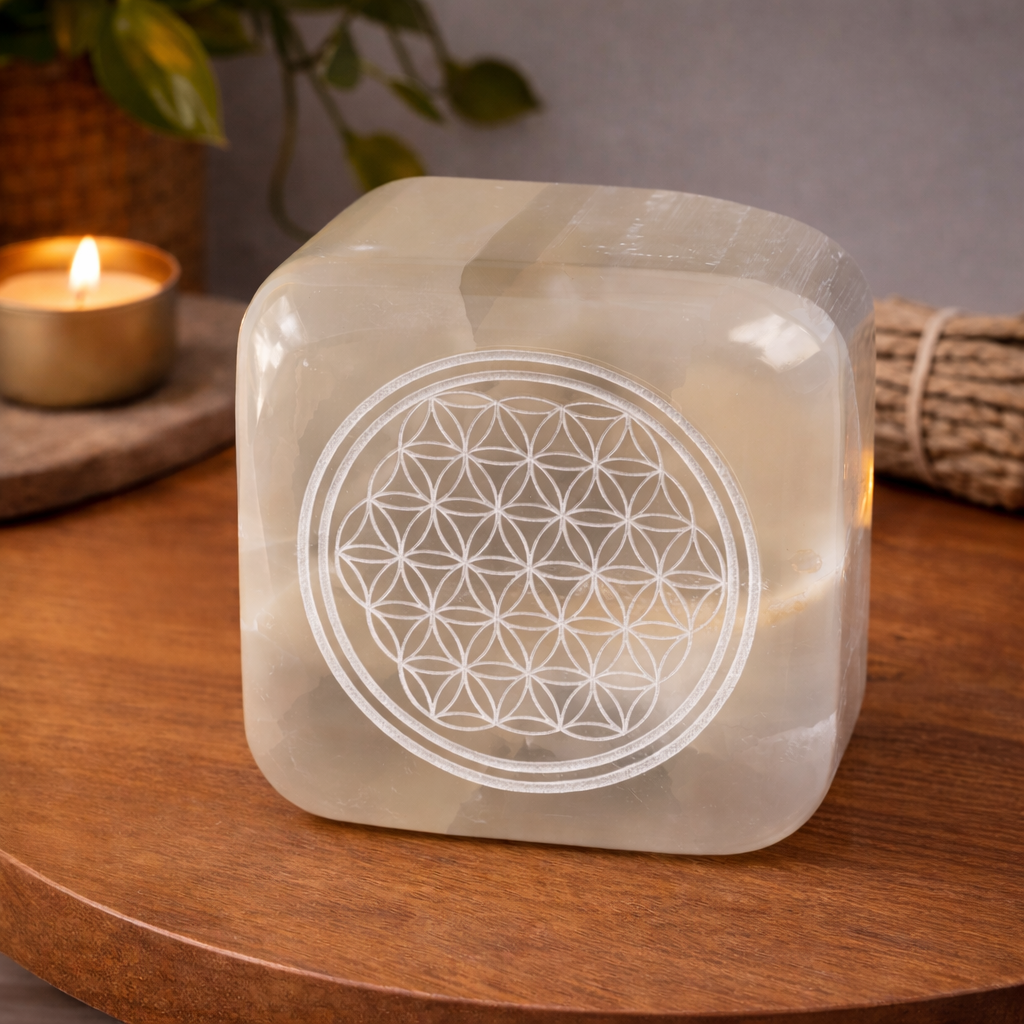 Selenite Flower of Life Cube shown on a tabletop
