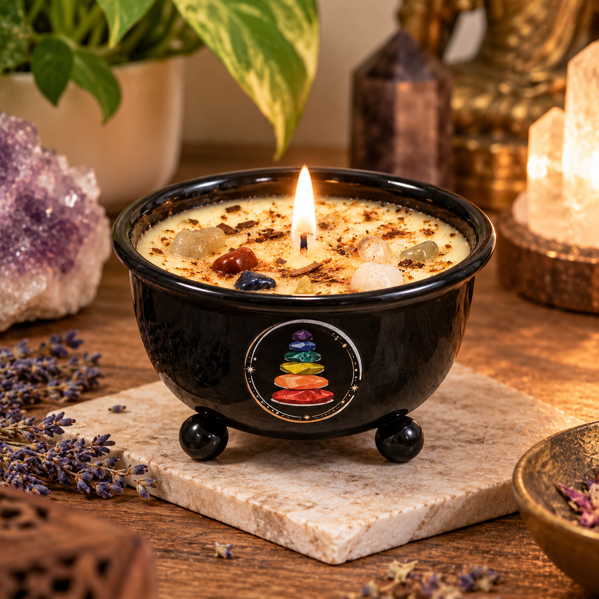 Seven Chakra Crystal Votive Candle | Black Chakra Bowl