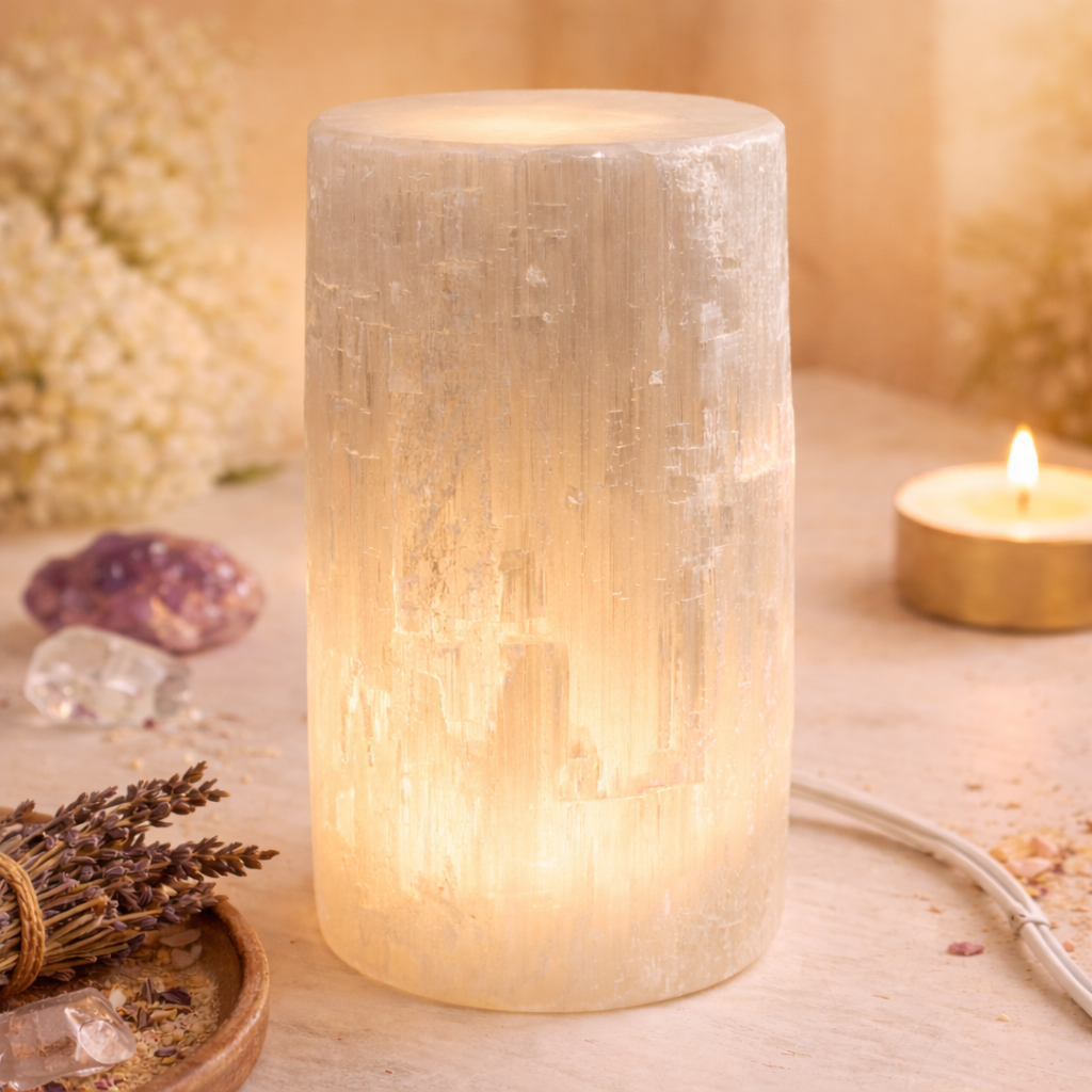Selenite Round Lamp with Cord & Bulb (6")