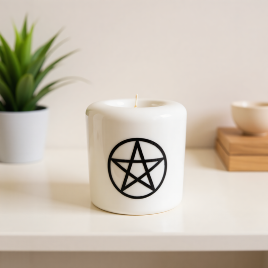 Ceramic Candle Holder White with Black Pentacle image 4