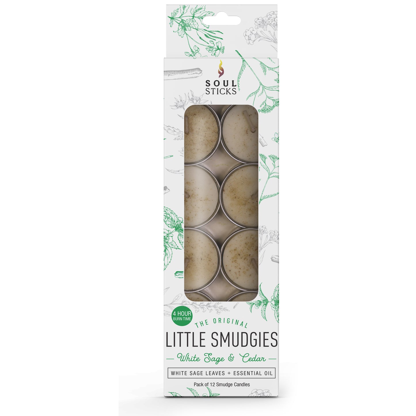 Little Smudgies White Sage & Cedar Smudge Candle Pack shown in a metal tin