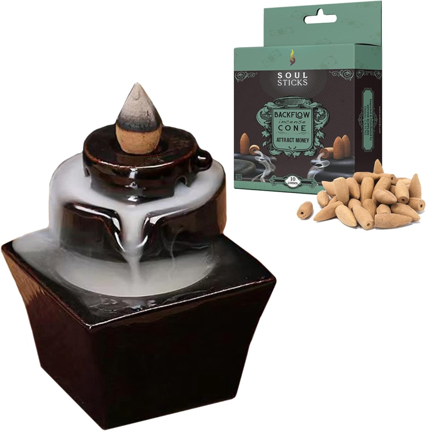 Geometric Backflow Burner + Attract Money Backflow Incense Cones Combination Set