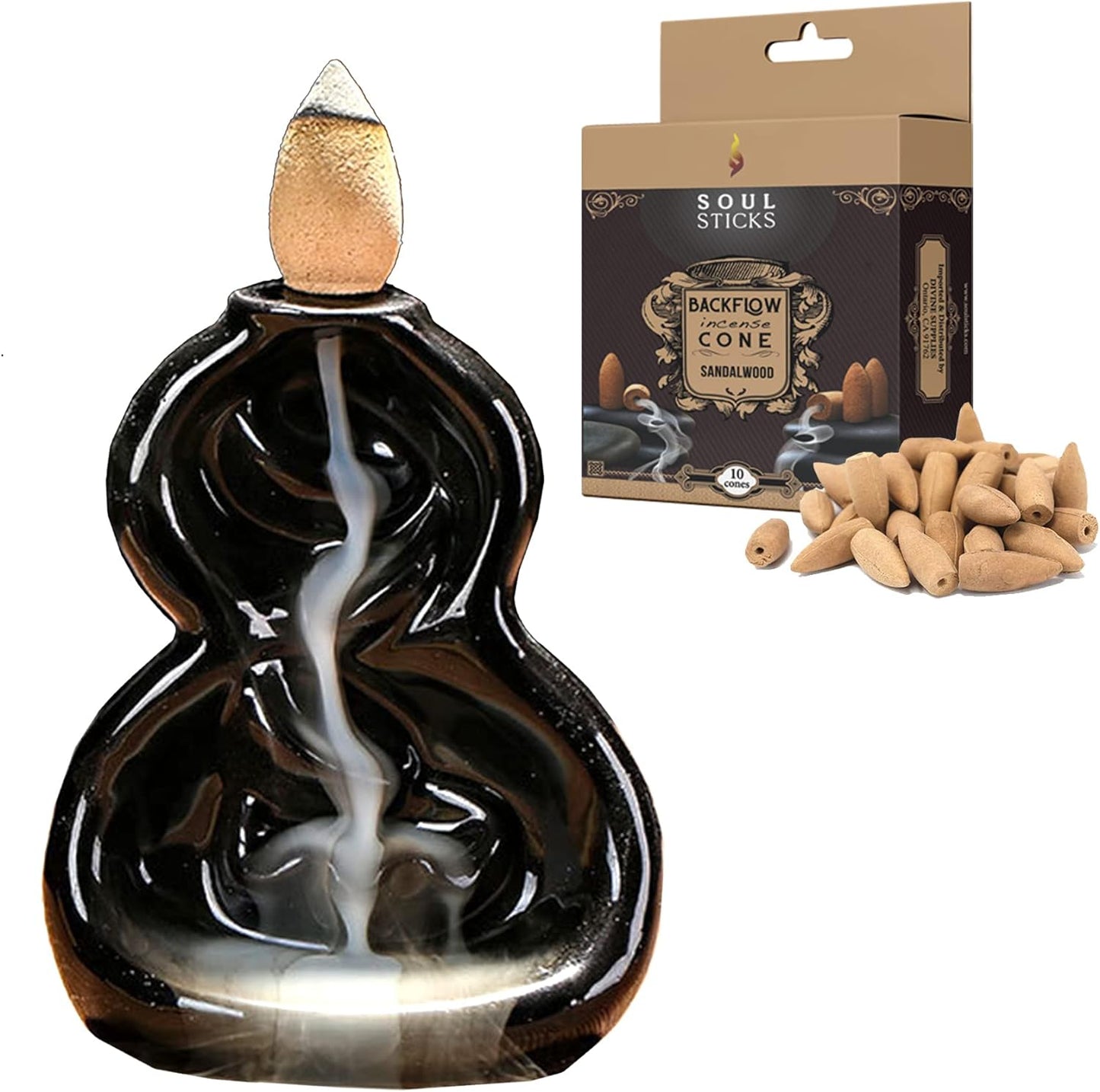 Infinity Falls Backflow Burner + Sandalwood Backflow Incense Cones Combination Set