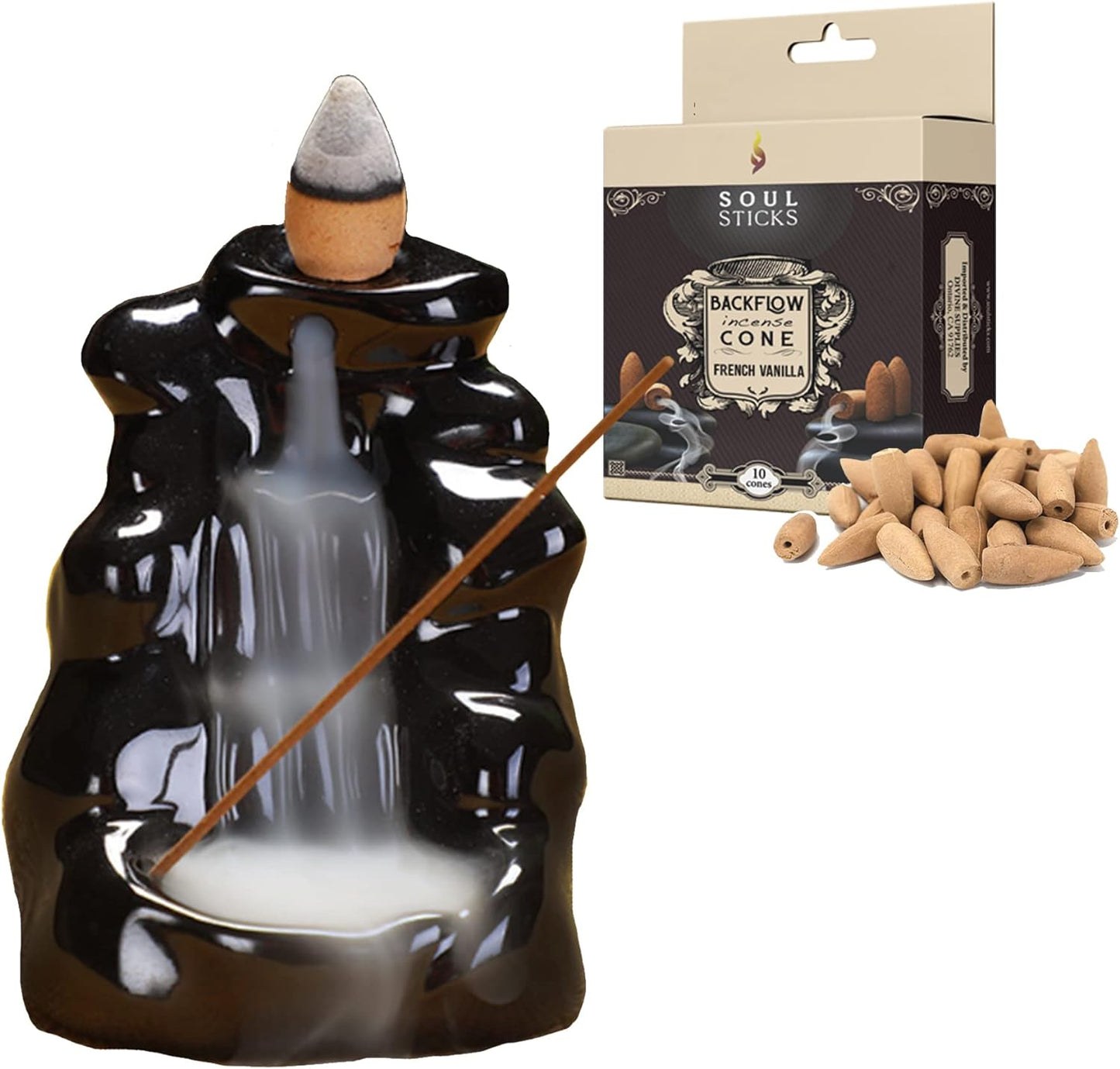 Ivory Cliff Backflow Burner + French Vanilla Backflow Incense Cones Combination Set